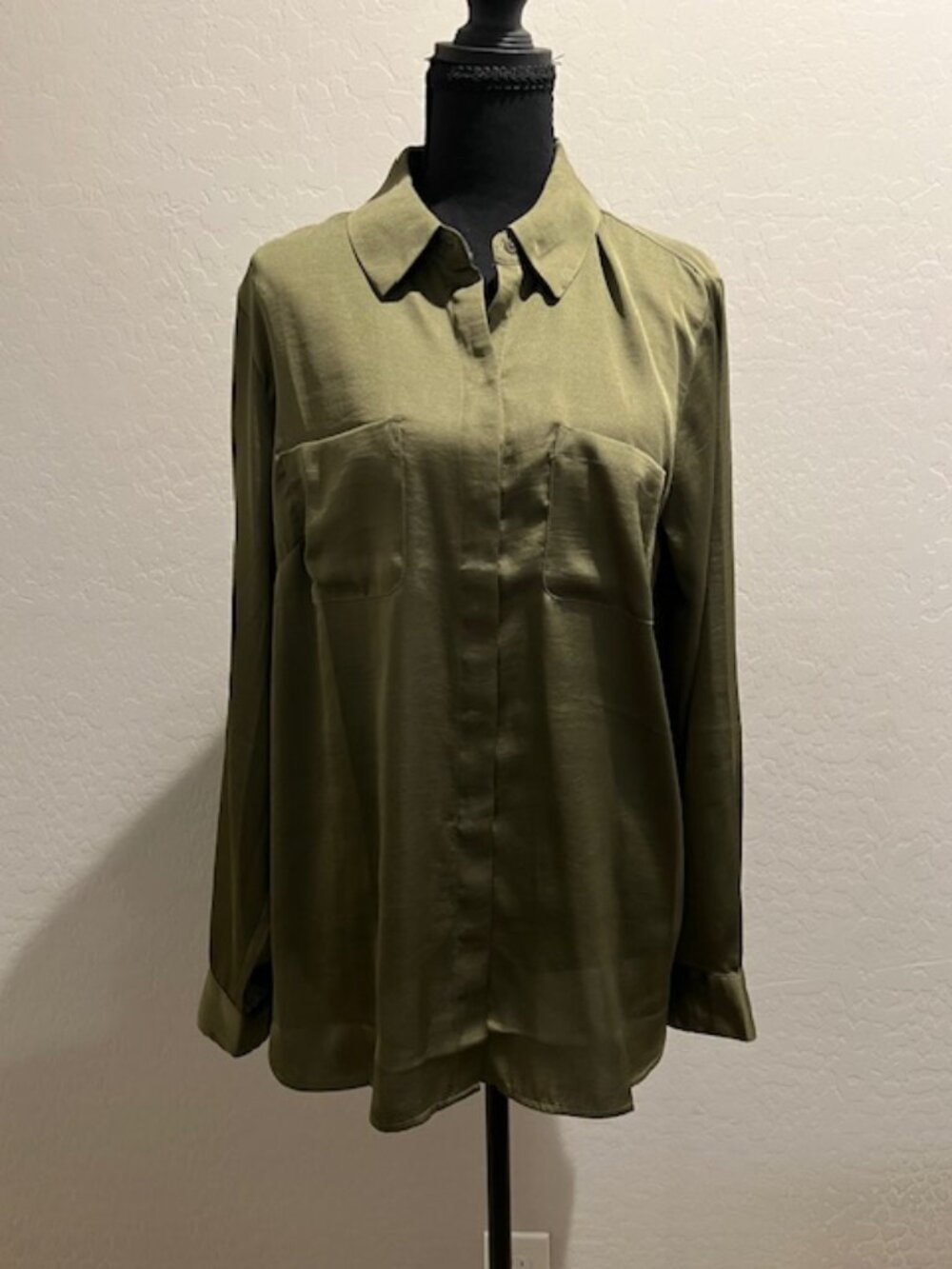 INC International Concepts Olive Green Blouse Large, NWT Satin Button Sleeve Top